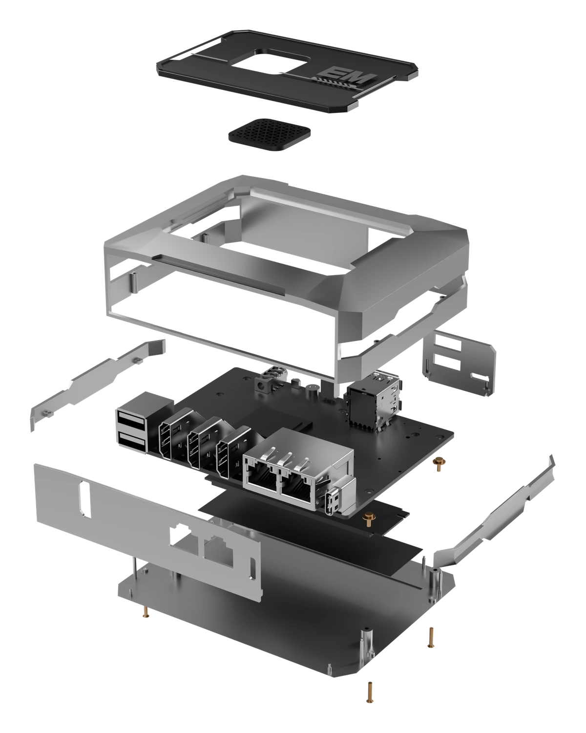 ETT enclosure, board and connections separated into component layers